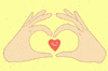 Digital art gif. Two hands form their fingers into a heart as a smiling red heart dances around inside. 