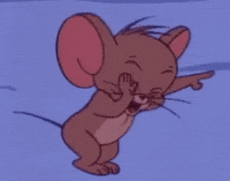 Cartoon gif. Jerry from Tom and Jerry points and laughs, slapping his knee and holding his belly.