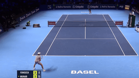 Joao Fonseca hits a powerful forehand to reach his first ATP 500 final in Basel.
