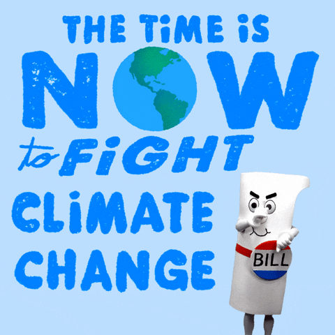 Digital art gif. Person in a life-size costume designed to look like a rolled-up piece of paper with a pin on it that says "Bill," taps their wrist impatiently. Blue, all-caps text next to the bill reads, "The time is now to fight climate change," the "O" in "Now" a spinning globe, all against a light blue background.