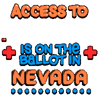 Text gif. Colorful bubble text flanked by pulsating red medical plus signs against a transparent background reads, “Access to healthcare is on the ballot in Nevada.” The word “healthcare” moves across the screen in the same zigzag manner as an electrocardiogram machine. A line of blue dots marches across the bottom.