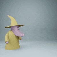 Digital art. Little doughy looking wizard with a yellow hat and cloak moves his arms and the letter “K” appears magically next to him with sparkles.