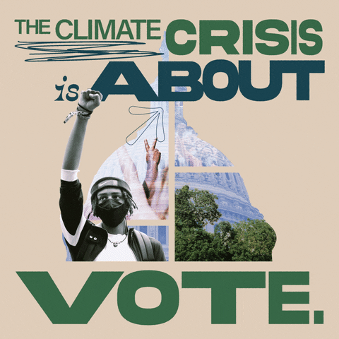 Digital art gif. Varied fonts in shades of green and orange on a beige background all around a collage of a young man in a PPE mask, fist raised in solidarity, layered on a The Capitol Building and hands raised in peace signs, a flurry of doodles guiding us through the text and images. Text, "The climate crisis is about our house, our leadership, our lives. Vote."
