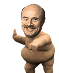 Digital art gif. Smiling face of Dr Phil on the body of a shirtless, chubby man dancing, miming like he's riding a horse, gripping the reins with one hand and slapping with the other hand.