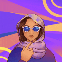 Digital art gif. Illustration of a woman wearing sunglasses and a colorful head scarf points first to her left nostril, then her right, breathing steadily. Text, "Inhale five seconds through the left nostril; exhale ten seconds through the right nostril," all against a colorful purple, pink, and yellow background.