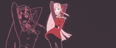Anime gif. Zero Two from Darling in the Franxx dances with her hands behind her head and her hips swaying side to side. As she sways, pink glowing outlines of herself shoot out from each side.