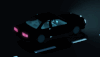 Cartoon gif. A black car drives endlessly at night on a dark road past the dotted line of a passing lane. Light reflects along the form of the car.