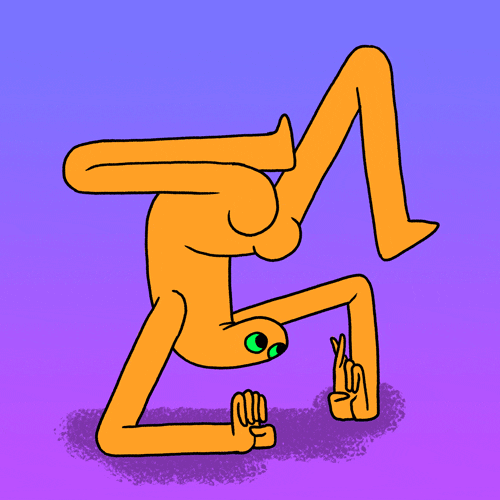 Illustrated gif. A yellow human-like creature rests on its elbows with its back arched and legs flipped over as it crossed its fingers with one hand. 