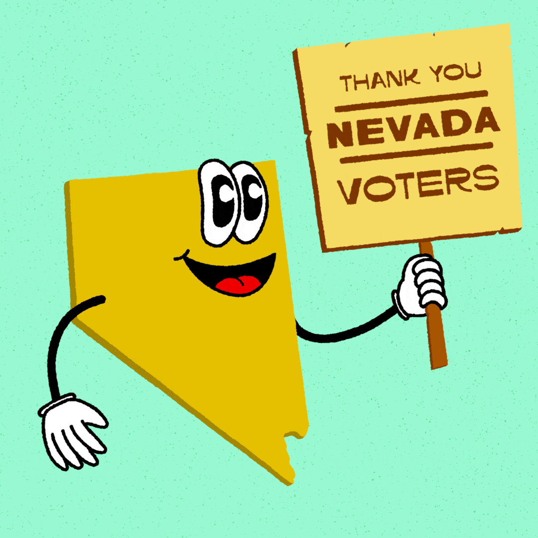 Digital art gif. Mustard yellow graphic of the anthropomorphic state of Nevada on a seafoam green background holding a butter yellow picket sign that reads "Thank you Nevada voters!"