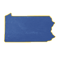 Digital art gif. Denim-blue graphic of Pennsylvania, yellow message within. Text, in Spanish, "Protega, nuestras, libertades, Vote Fetterman."