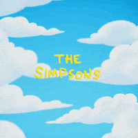 Sponsored gif. A Fortnite Battle Bus, a blue school bus carried by a giant red balloon, drawn in Simpsons animation style, flies into the Simpsons logo and an image of Springfield from the Simpsons' opening credits. 