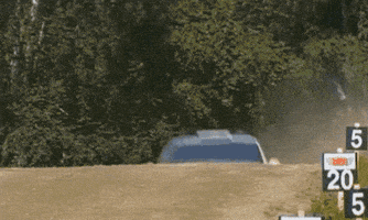 Sports gif. Rally car races up a hill and catches big air when it flies from the top. It hits the ground hard and continues racing away, and a big dust cloud follows it.
