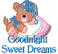 Sticker gif. Brown teddy bear puppy wearing a glittering blue nightcap and bow, climbing atop ruffly pillows, above a message in a cyan blue 3D serif font. Text, 'Goodnight, sweet dreams.'