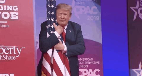 Political gif. Donald Trump, onstage at CPAC, tightly hugs an American flag that is attached to a pole. He appears to mouth, "Mama."