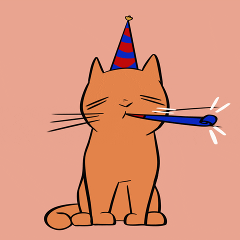 Digital illustration gif. Orange cat wearing a red and blue party hat sits casually with its eyes closed, blowing a party horn against a coral colored background. 