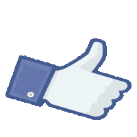 Sticker gif. 2D rendering of the Facebook like symbol, a blue thumbs up, off-kilter and springy.