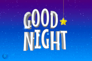 Text gif. A 3D rendering of bouncing white text and a dangling yellow star in front of a starry blue night time background. Text, "Good night."