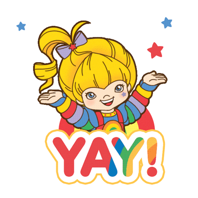 Cartoon gif. Rainbow Brite opens her arms and smiles, and blue and red stars fly out. Red and rainbow text below her reads "Yay!"