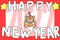 Cartoon gif. A Chibi tiger in the center of the frame pounces close to us as if roaring cheerfully...or perhaps meowing. Text: "Happy New Year."