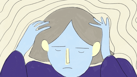 Illustrated gif. Overwhelmed woman holds her hands to her head with her eyes closed as waves of anxiety radiate from her head.
