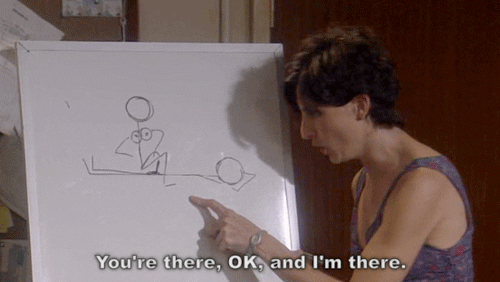 Video gif. A woman points toward a whiteboard with a crude stick figure drawing of two people having sex. The video glitches uses only few frames making it glitchy. Text, "You're there. Ok, and I'm there."
