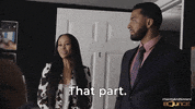 TV gif. Kaye Singleton as Josie and Christian Keyes as Levi from Saints and Sinners glance at each other as she smiles at him. He rolls his eyes in embarassed disbelief as he mouths the words that read. Text, "That part."