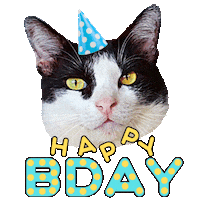 Sticker gif. Text, 'Happy Birthday' is written in blue font and is overlaid on top of a stack of presents, balloons, and a chocolate birthday cake.
