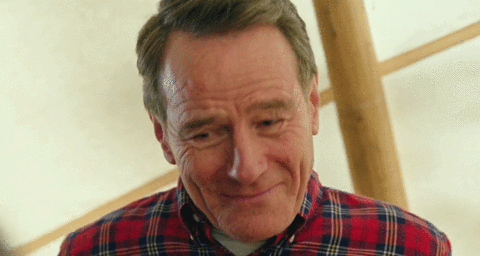 Celebrity gif. Bryan Cranston smiles then turns away to say, "FUCK," while using his hands and gesturing at the air.