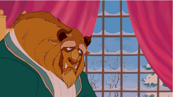 Disney gif. Beauty and the Beast sit at the Beast's dining table and raise their plates in toast to each other before drinking straight from the plate.