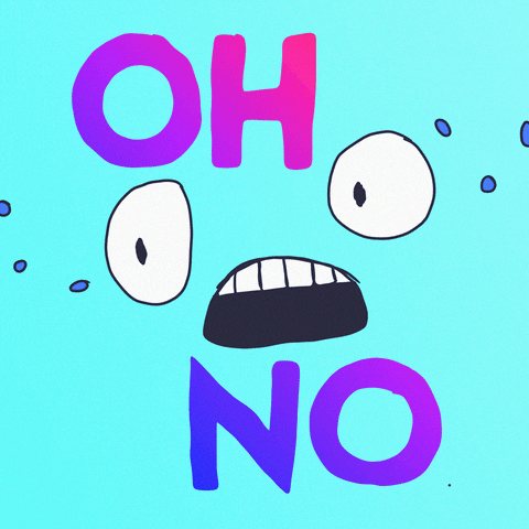 Illustrated gif. A worried blue face has sweat flying off of its forehead. Text, “Oh No.”