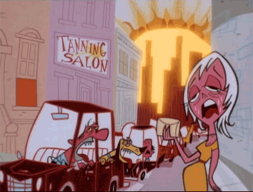 Cartoon gif. Woman in The Powerpuff Girls exhaustedly fans herself with an envelope, which does nothing against the blazing hot sun that turns her beet red and makes her sweat profusely. The street is backed up with cars as melting drivers and dogs stick their heads out of their windows and pant desperately. A building in the background has a big sign that says, "Tanning Salon.'