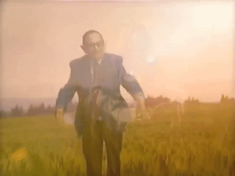Music Video gif. Older man in suit with pointed elf ears runs, arms outstretched. Perspective fades to the person he's running to, a purple skinned, purple haired woman with pointed elf ears holding her large gold gown as she runs towards the man.