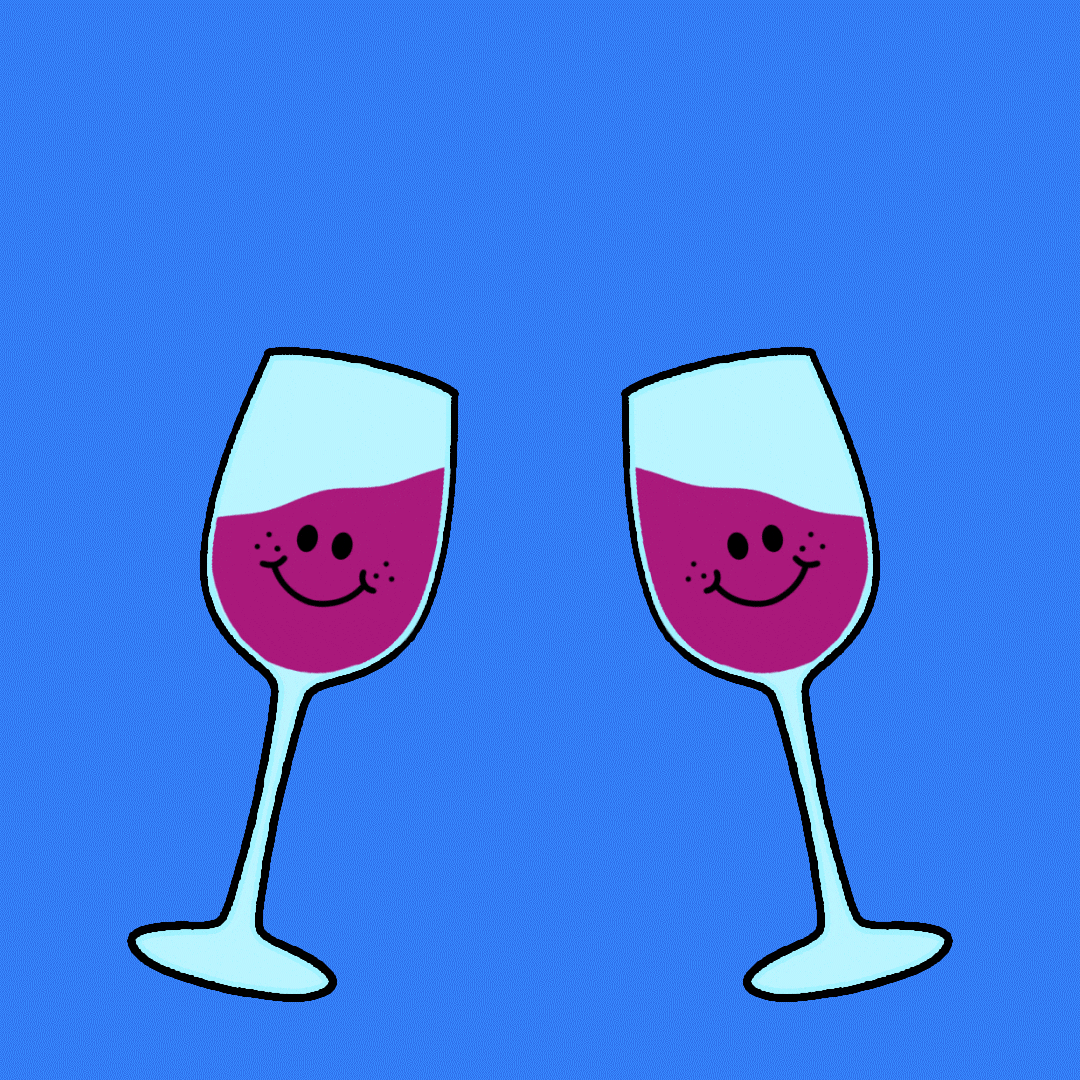 Illustrated gif. Two smiling glasses of red wine on a cerulean blue background clinking together, a message in puffy bubble letters appearing above. Text, "L'chaim."