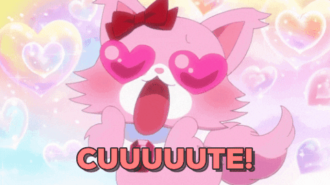 Cartoon gif. A pink cat wearing a red bow wags her tail back and forth, with hearts in her eyes and her tongue sticking out. In capital letters is the text, “CUUUUUUUUUUUUUUTE!”