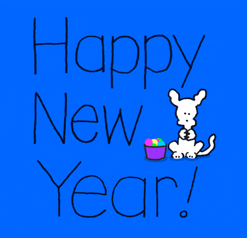 Illustrated gif. Dog tosses confetti next to the text, "Happy New Year!" and claps.