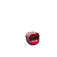 Digital art gif. A 3D rendering of a disembodied mouth with red lips. Dozens of eyeballs gather around it in the shape of a head, then they all begin flying at us.