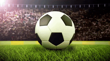 3D animated gif. Closeup of a digitized soccer ball resting on a green field as the entire scene rotates between logo overlays for the MLS Cup, the LA Football Club, and the Columbus Crew. Cameras flash and a large crowd fills stadiums in the distant background. 