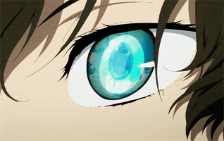 Anime gif. Closeup of a blue eye that reflects shifting clouds as wisps of hair blowing around it. 