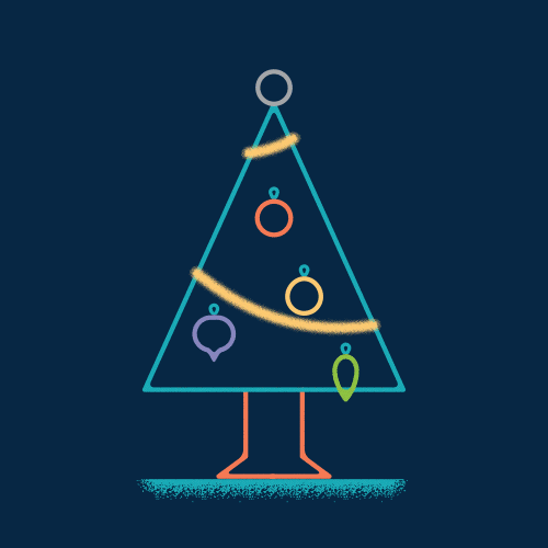 Digital art gif. Very triangular Christmas tree with ornaments and garland. The lights flicker on and the tree turns into a triangular Santa Claus with the same ornaments and garland hanging on him.