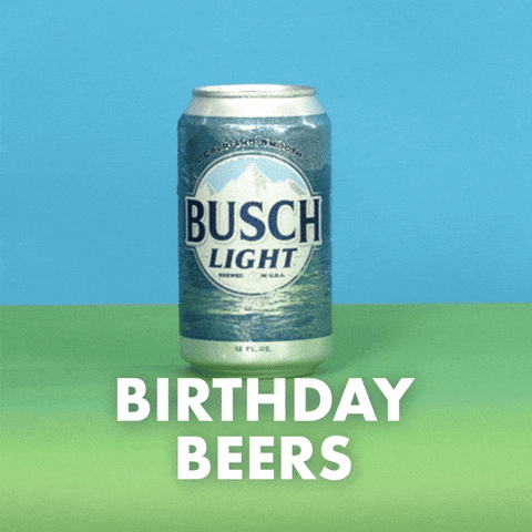 Sponsored gif. Hand reaches in and opens a can of Busch Light beer. As it pulls the tab, balloons and confetti appear behind the can. Text reads, “Birthday beers.”