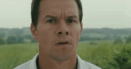 Movie gif. A closeup of Mark Wahlberg as Elliot from The Happening. He stands in a field with his eyes darting around.