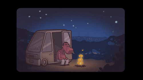 Illustrated gif. Shirtless man sits in a van with the door open, resting his arms on his knees while a campfire burns by his feet.