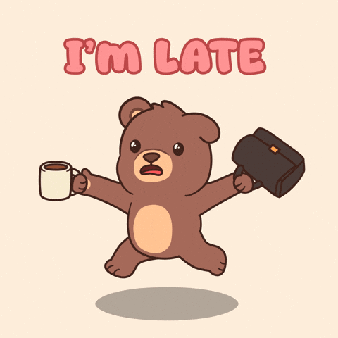estou atrasado em inglês, I'm late, ursinho atrasado correndo com caneca e maleta na mão.