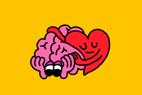 Digital art gif. A red warm heart is wrapped around a shuddering brain who clutches itself.
