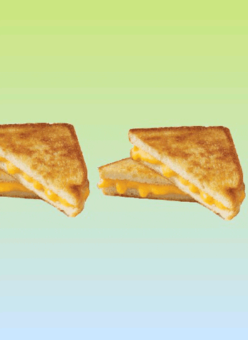 Photo gif. Photo of two slices of grilled cheese, stacked scrolls in a continuous loop in front of a green and blue background.