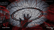Video game gif. A montage of eerie scenes from the game 'Sleep Awake.' The first scene shows the shadow of a hand reaching towards a large, circular stained-glass window with a geometric design in a dark setting. The second scene depicts an electrified figure suspended in mid-air by a beam of electricity. The final scene features a scary masked character standing above you, raising his leg, about to stomp on you.