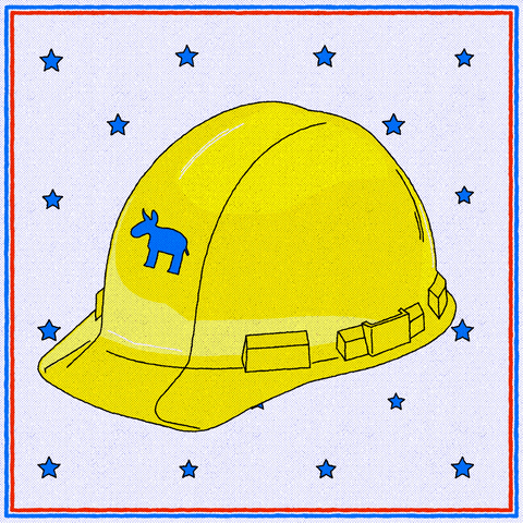 Digital art gif. Animation of a sticker slapping onto a cartoon yellow construction hard hat against a white background dotted with blue stars. The hat has a blue donkey symbol on the front, and the sticker reads, "Hard hat Democrat."