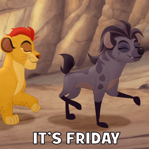 Cartoon gif. Young Simba and Jasiri the hyena from The Lion Guard dance happily in unison. Text, "It's Friday."