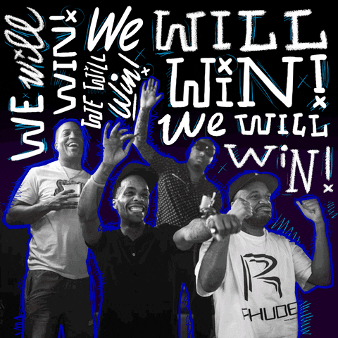 Digital art gif. Photo of confident young Black men cheering, radiating cobalt energy doodles on a black background crowded with white chalk writing that reads, "We will win, we will win, we will win."