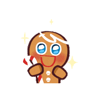 Sticker gif. Gingerbread man from the Cookie Run game stares at us with starry blue eyes and wiggles its body back and forth in excitement. It holds a candy cane in one hand and stars sparkle around it.